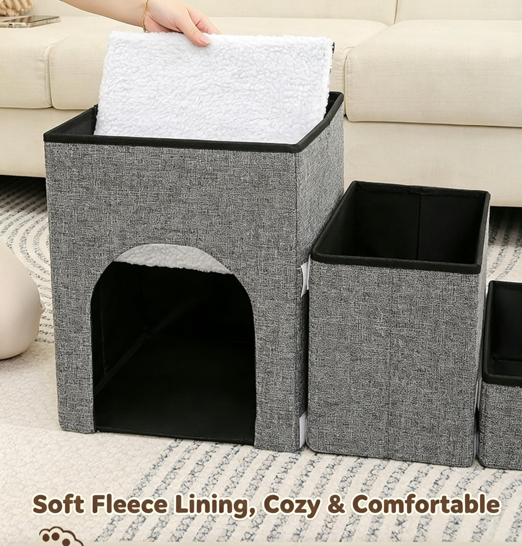 Foldable 3-Step Pet Stairs with Storage & Cat House D33977