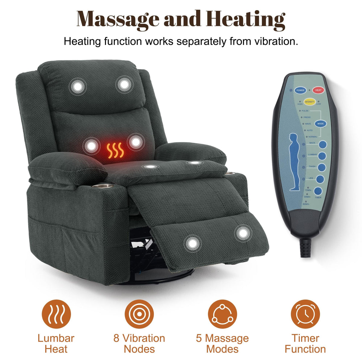 Gray Swivel Rocker Recliner with Massage & Heat V189
