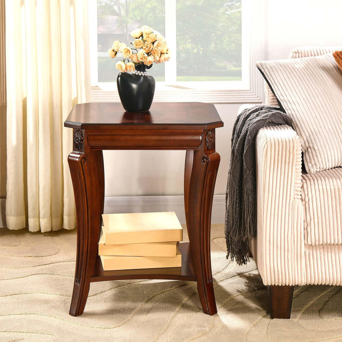 Cherry Brown Side Table with Storage Shelf N922
