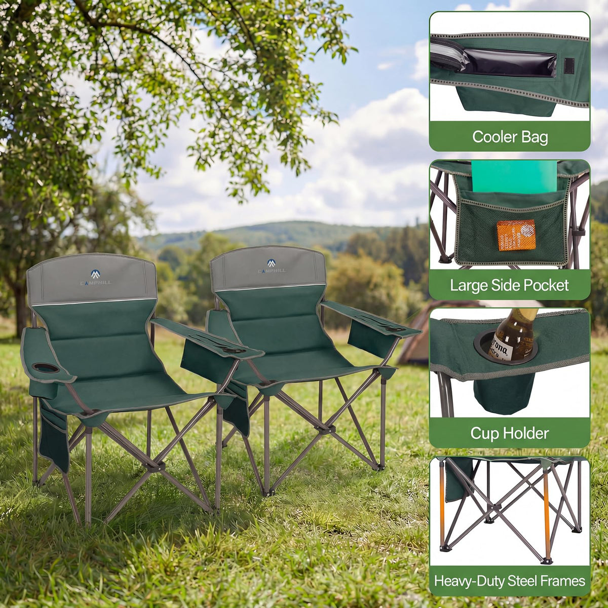 Oversized 2 Pack Heavy Duty Padded Camping Chair with Cooler Bag I5737