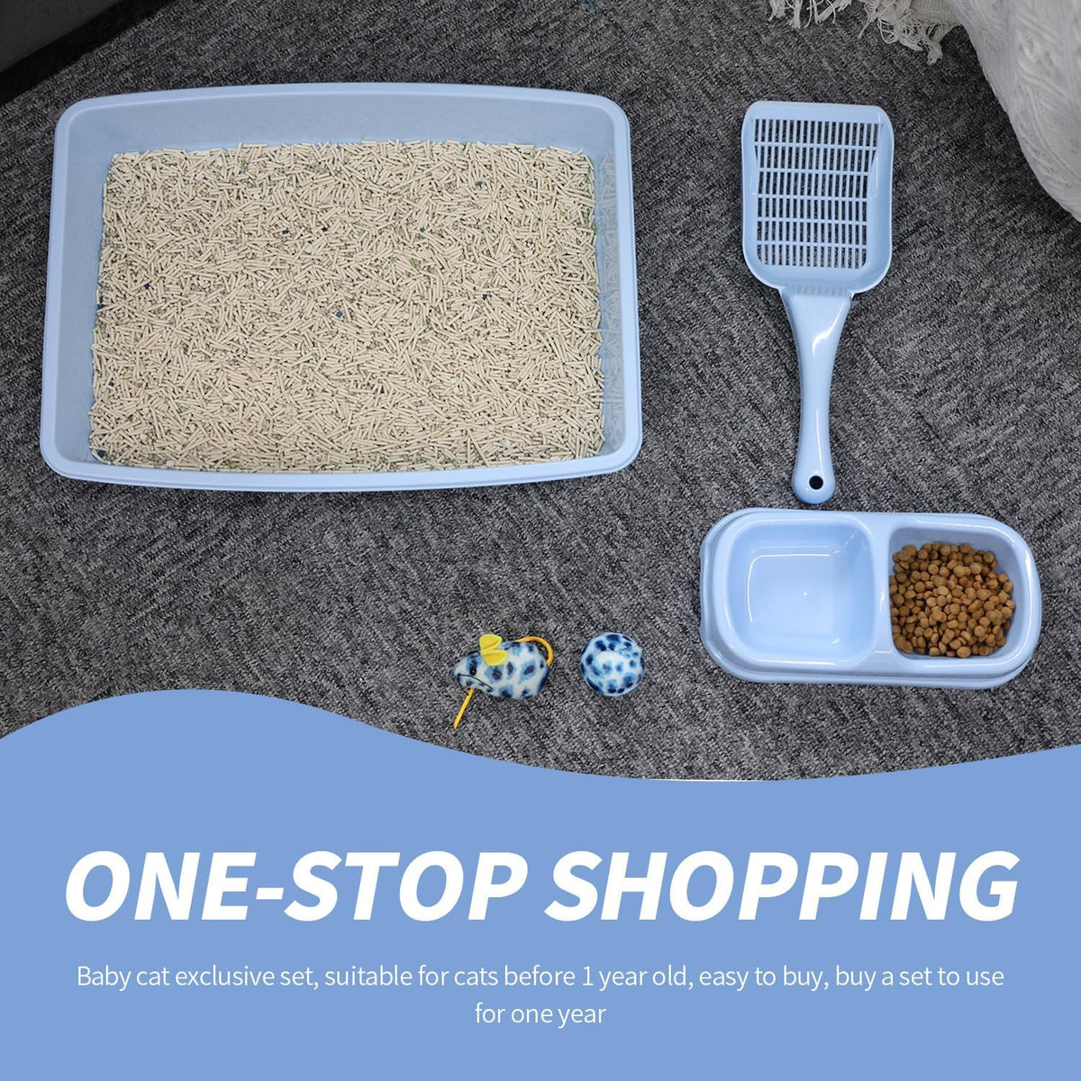 Cat Litter Box Set with Litter Scoop, Double Dish Cat Bowl, Mouse and Ball Toy C835
