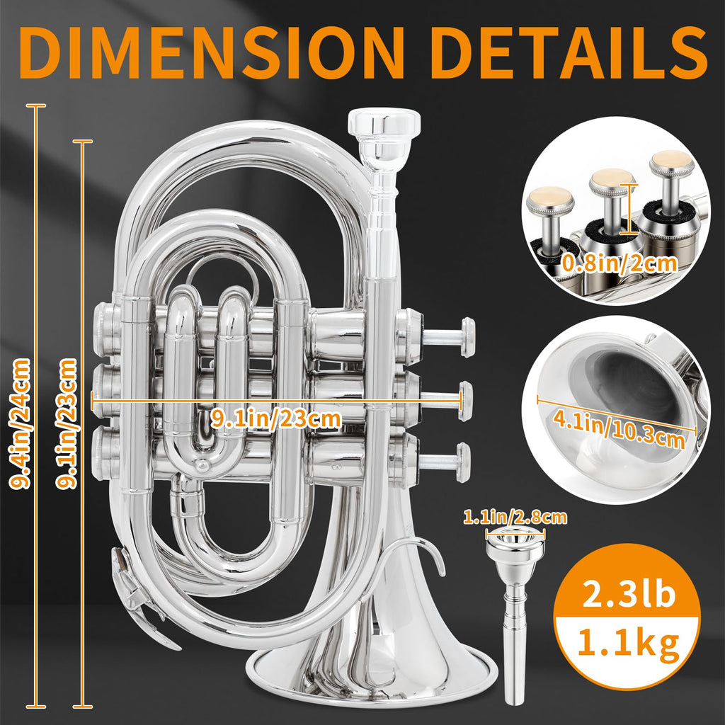 Bb Portable Pocket Trumpet with Case, 7C Mouthpiece and Cleaning Kit D284