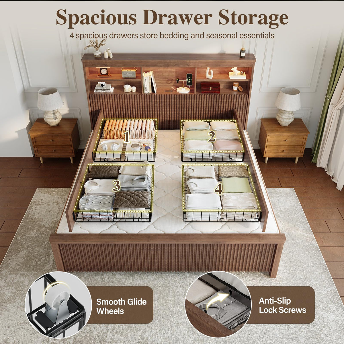 Queen Size Bed Frame with 4 Storage Drawers F223455