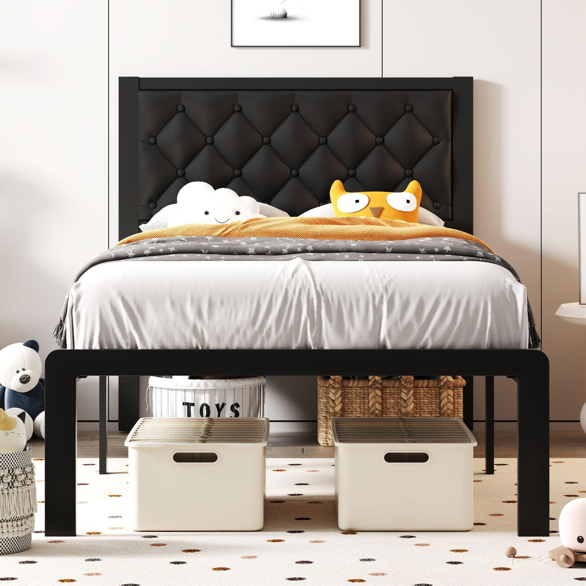 Black PU Leather Upholstered Twin Bed Frame with Headboard Q1317