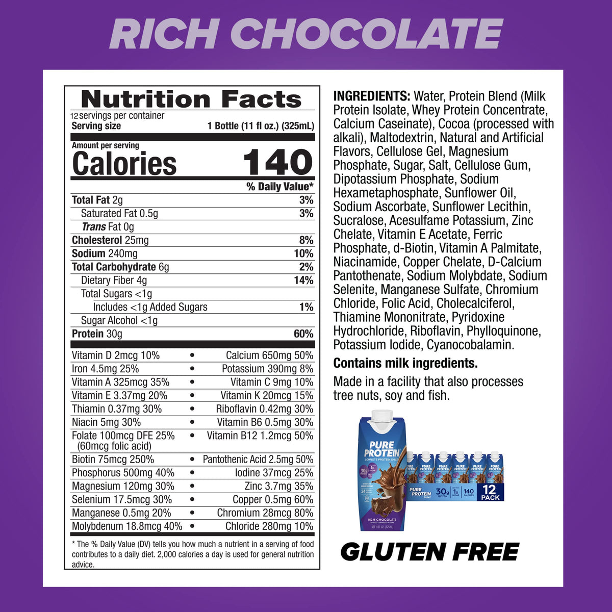 Chocolate and Vanilla Protein Shakes, 30g Protein, 11oz, 12 Pack W2815