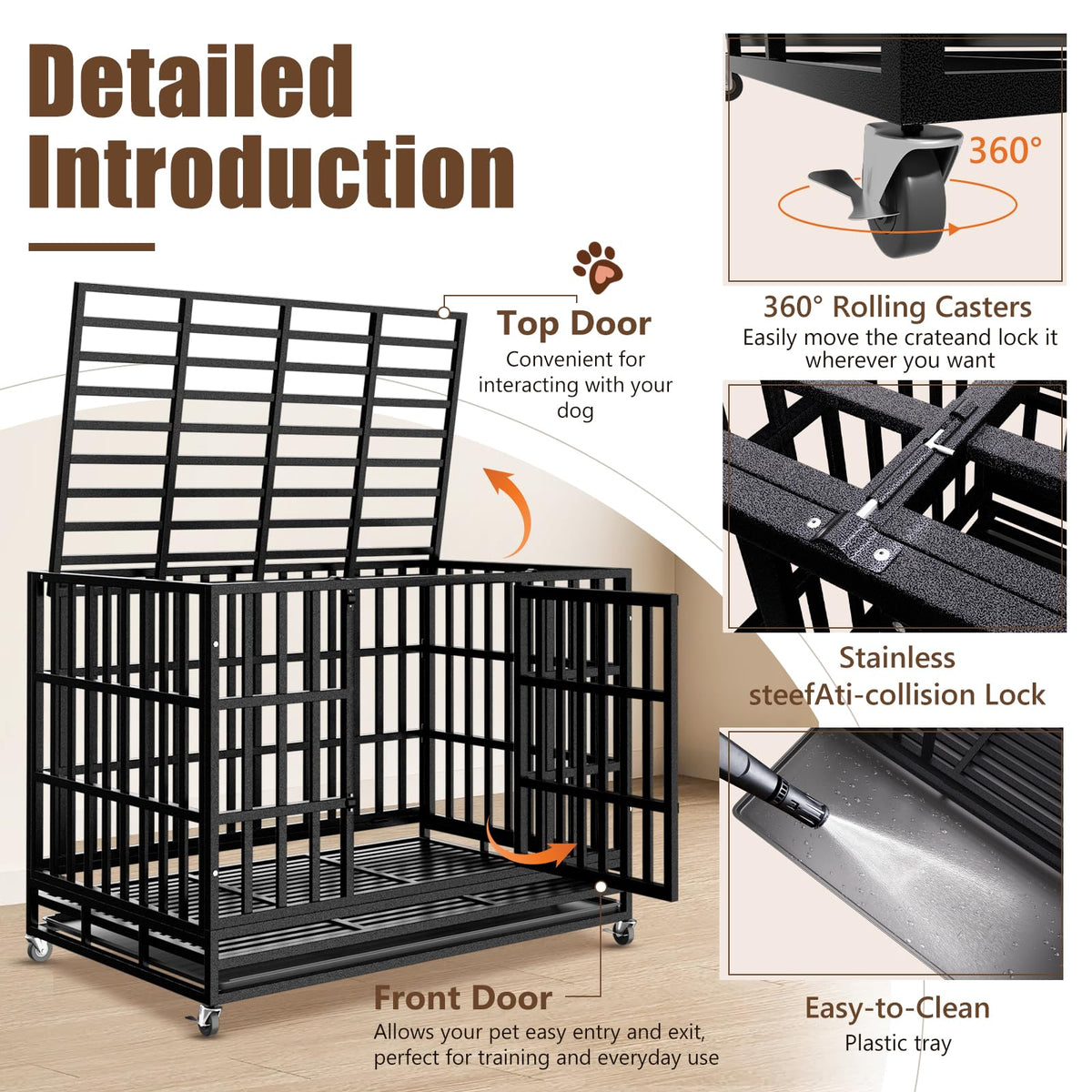 48 Inch Heavy Duty Dog Crate Kennel with Wheels O915212