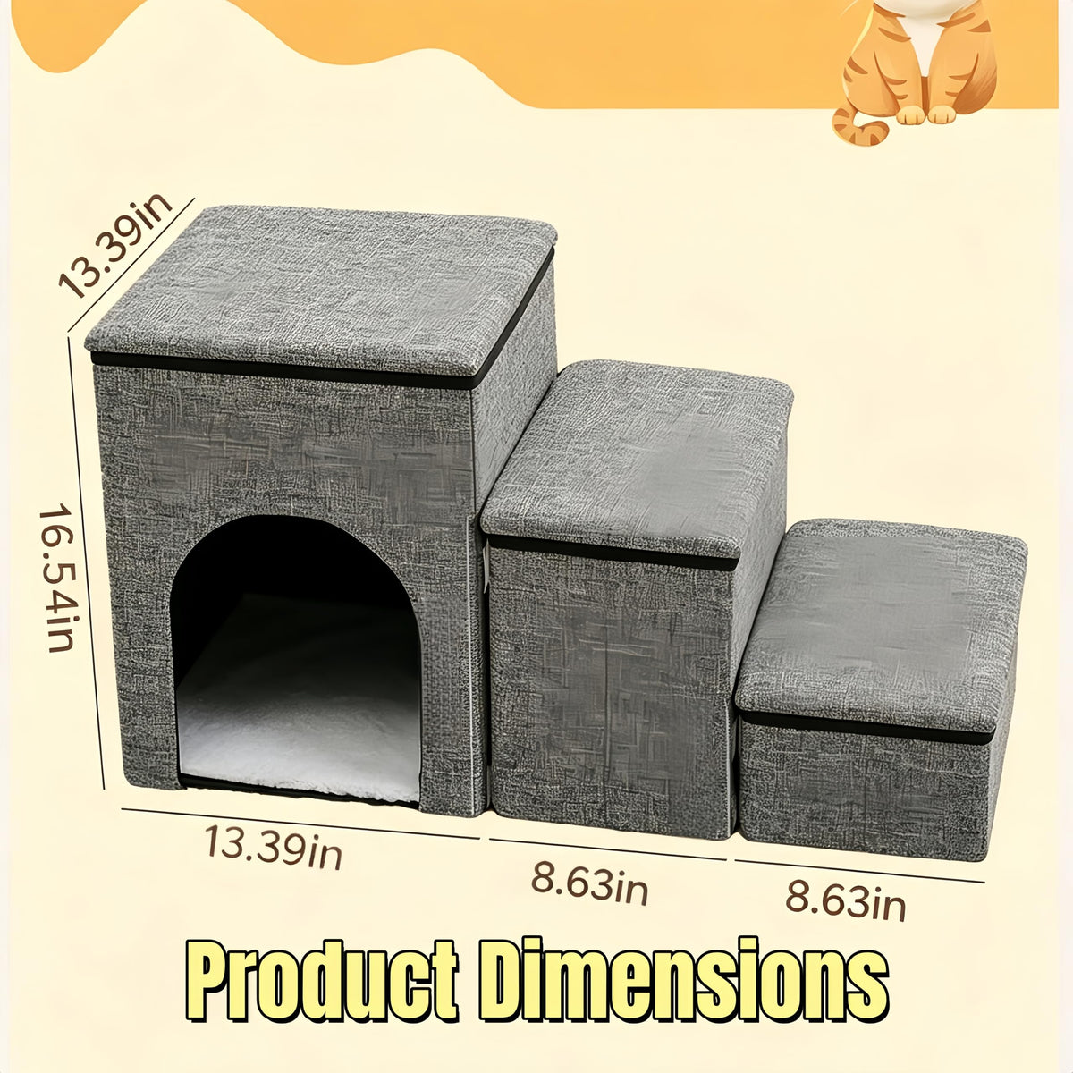 Foldable 3-Step Pet Stairs with Storage & Cat House D33977