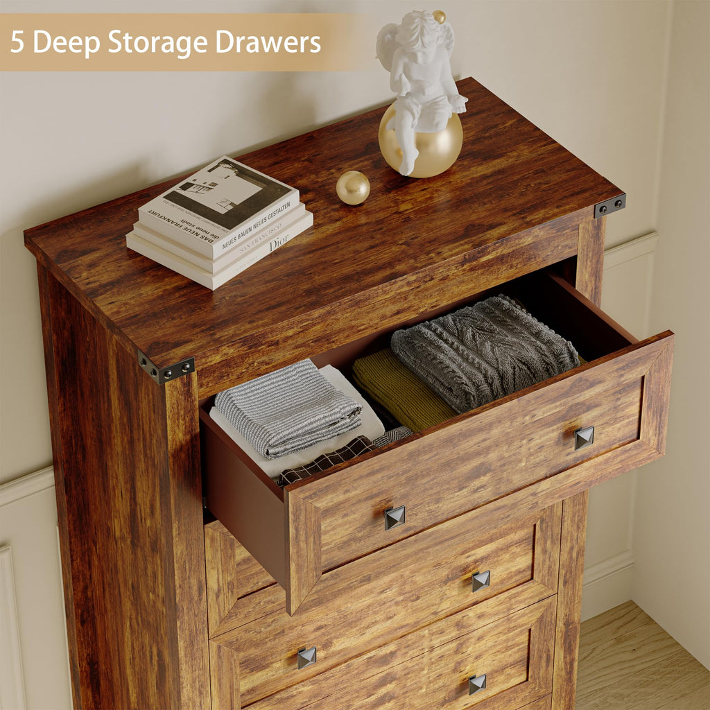 Brown Tall 5 Drawer Wood Dresser with Metal Handles H16137