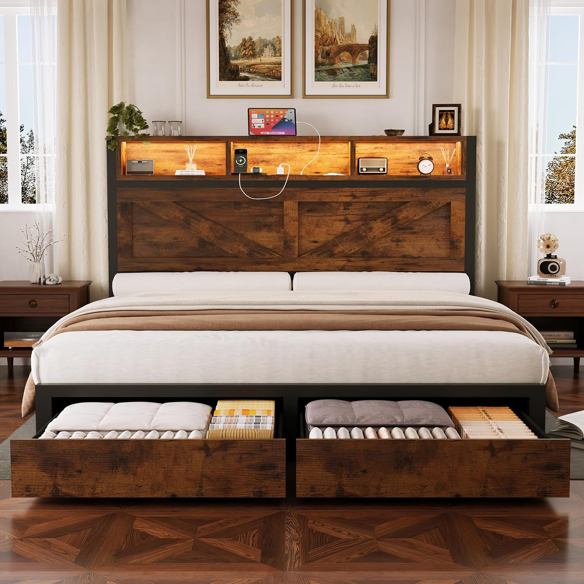 Queen Bed Frame with Bookcase Storage Headboard and 2 Storage Drawers O53786