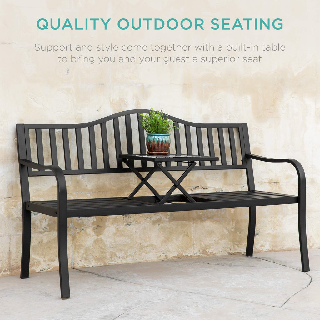 Black Steel Outdoor Garden Bench with Pullout Middle Table D761