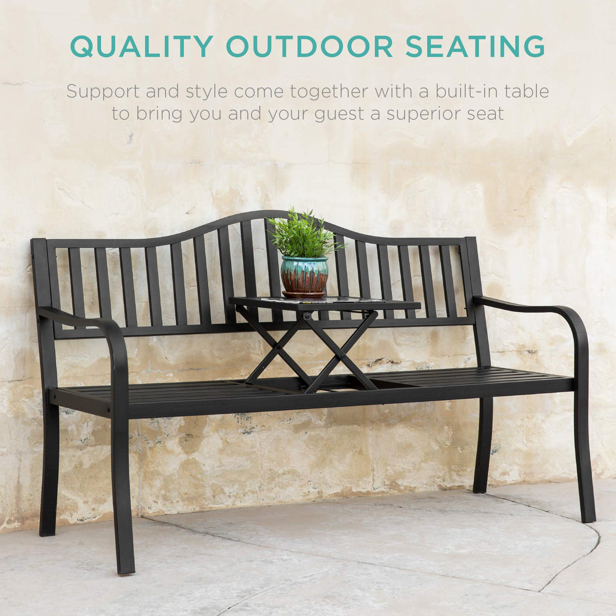 Black Steel Outdoor Garden Bench with Pullout Middle Table D761