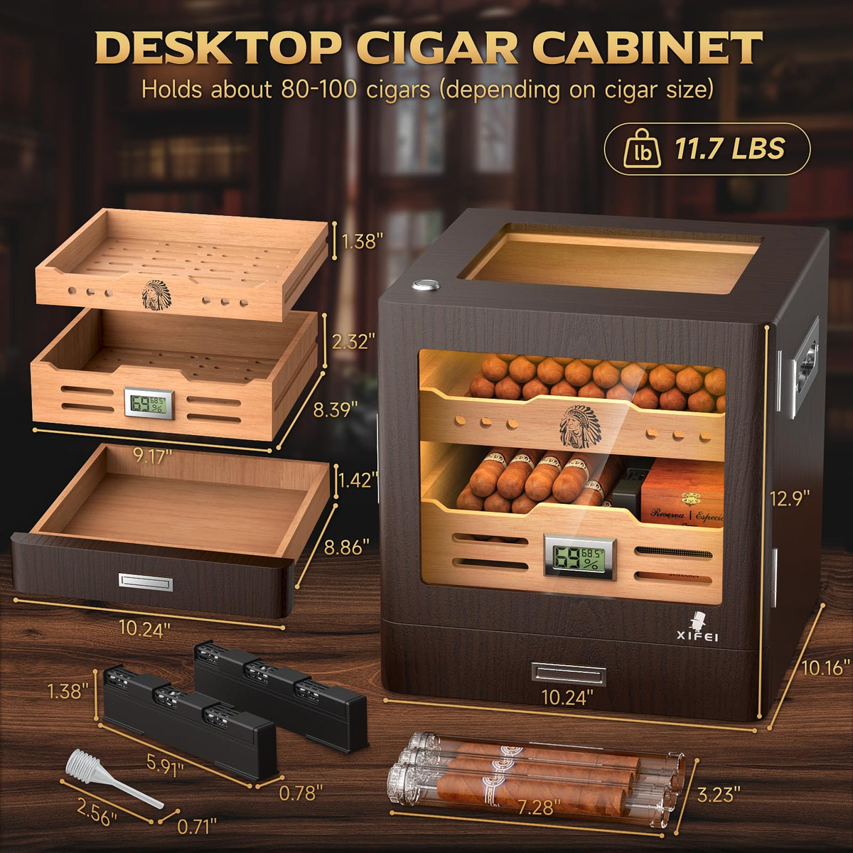 Cigar Humidor Cabinet with Digital Hygrometer and 2 Humidifiers L646372