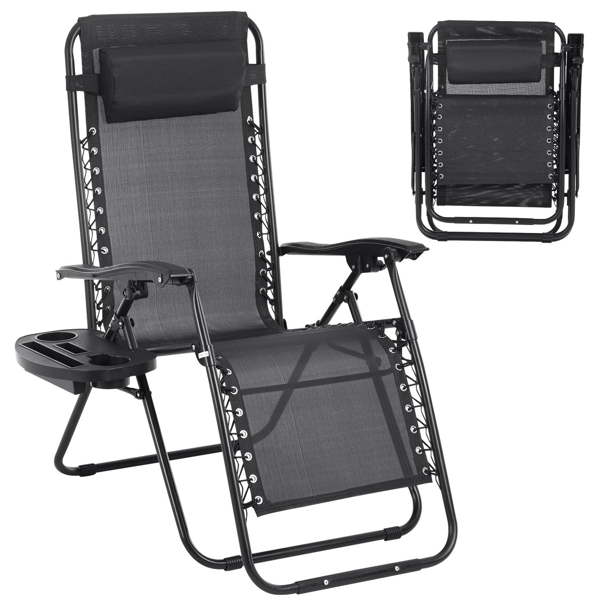 Zero Gravity Chair with Pillow and Cup Holder Trays, Black Q985