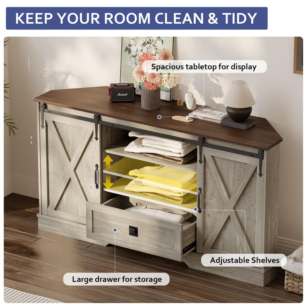Corner TV Stand with Sliding Barn Door & Removable Shelves P767698