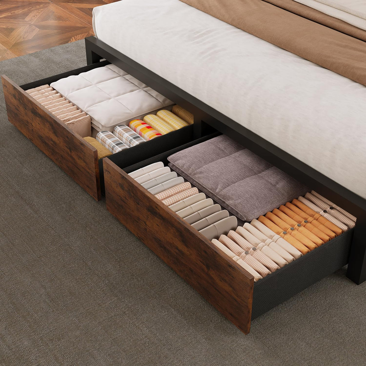 Queen Bed Frame with Bookcase Storage Headboard and 2 Storage Drawers O53786