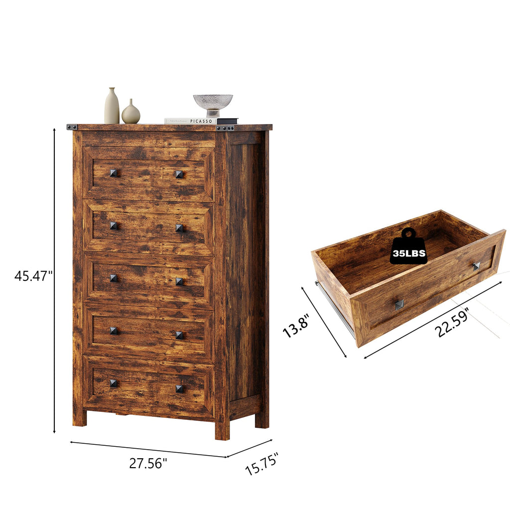Brown Tall 5 Drawer Wood Dresser with Metal Handles H16137