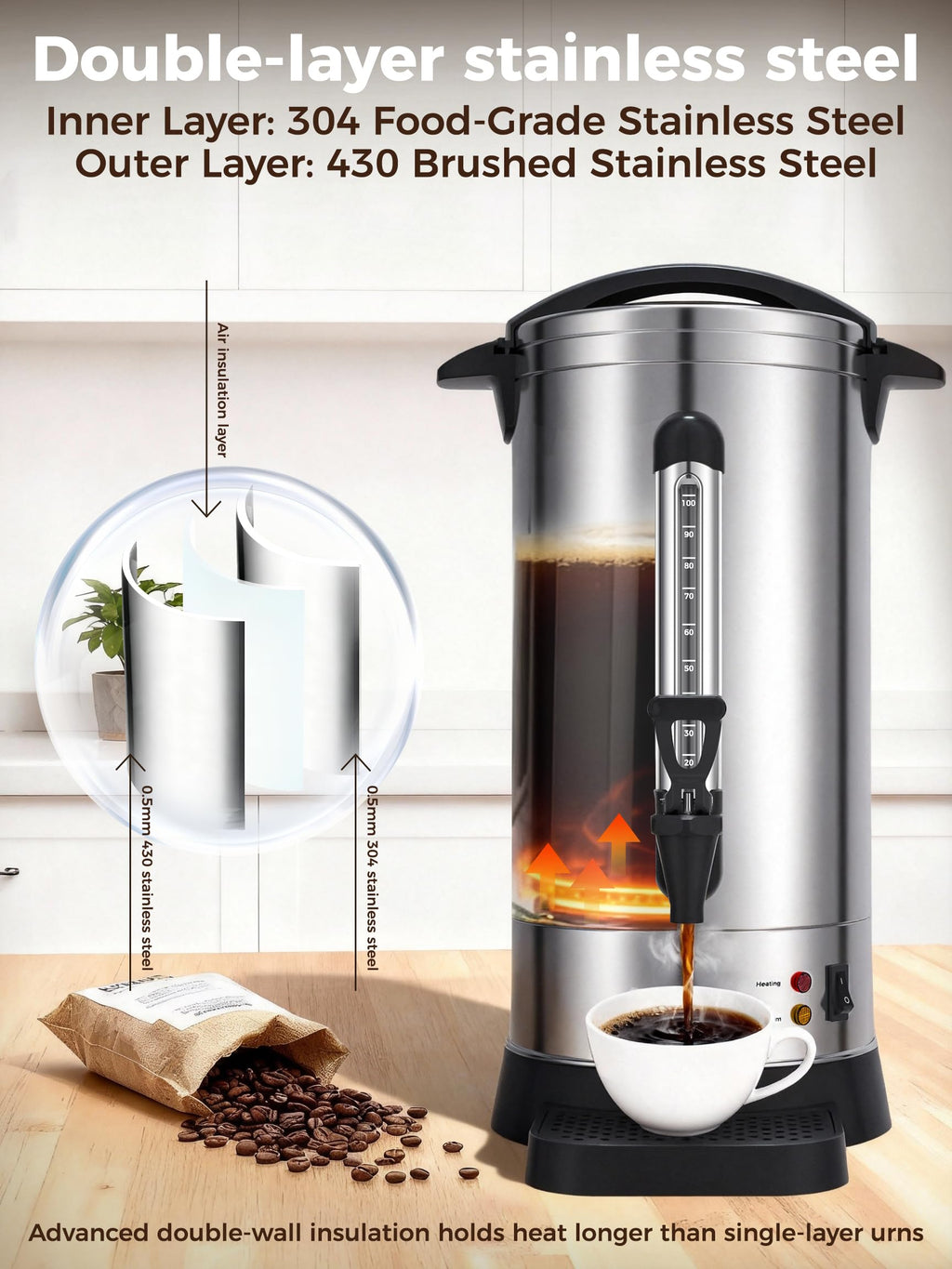 1500W 100 Cup Stainless Steel Commercial Coffee Urn S243