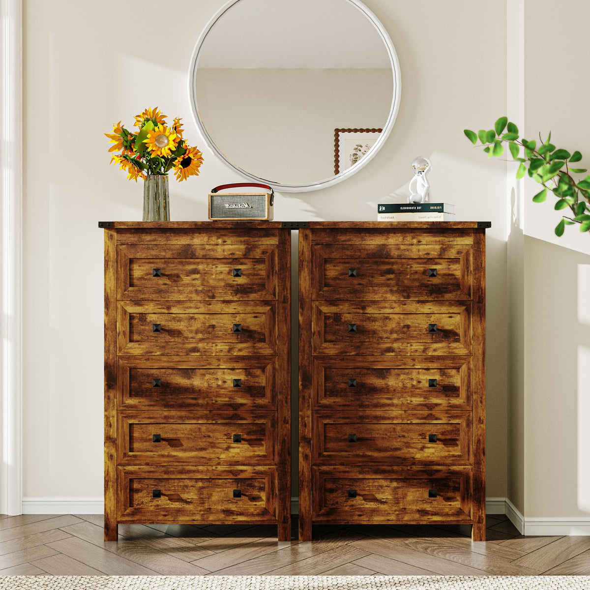 Brown Tall 5 Drawer Wood Dresser with Metal Handles H16137