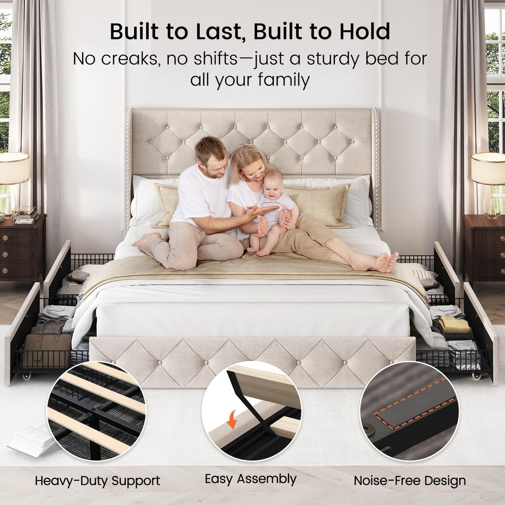 Queen Size Linen Upholstered Platform Bed Frame with 4 Storage Drawers U30467