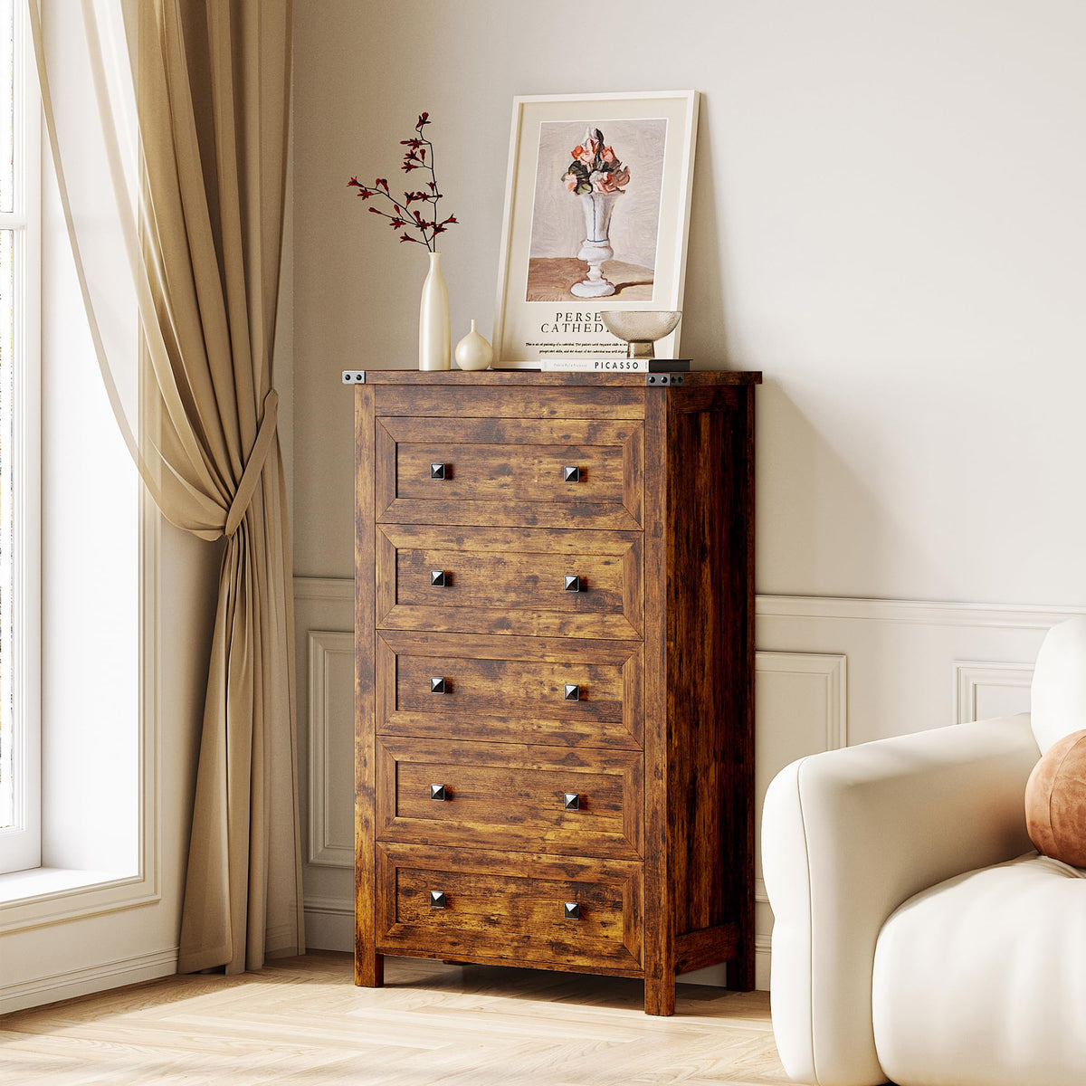 Brown Tall 5 Drawer Wood Dresser with Metal Handles H16137