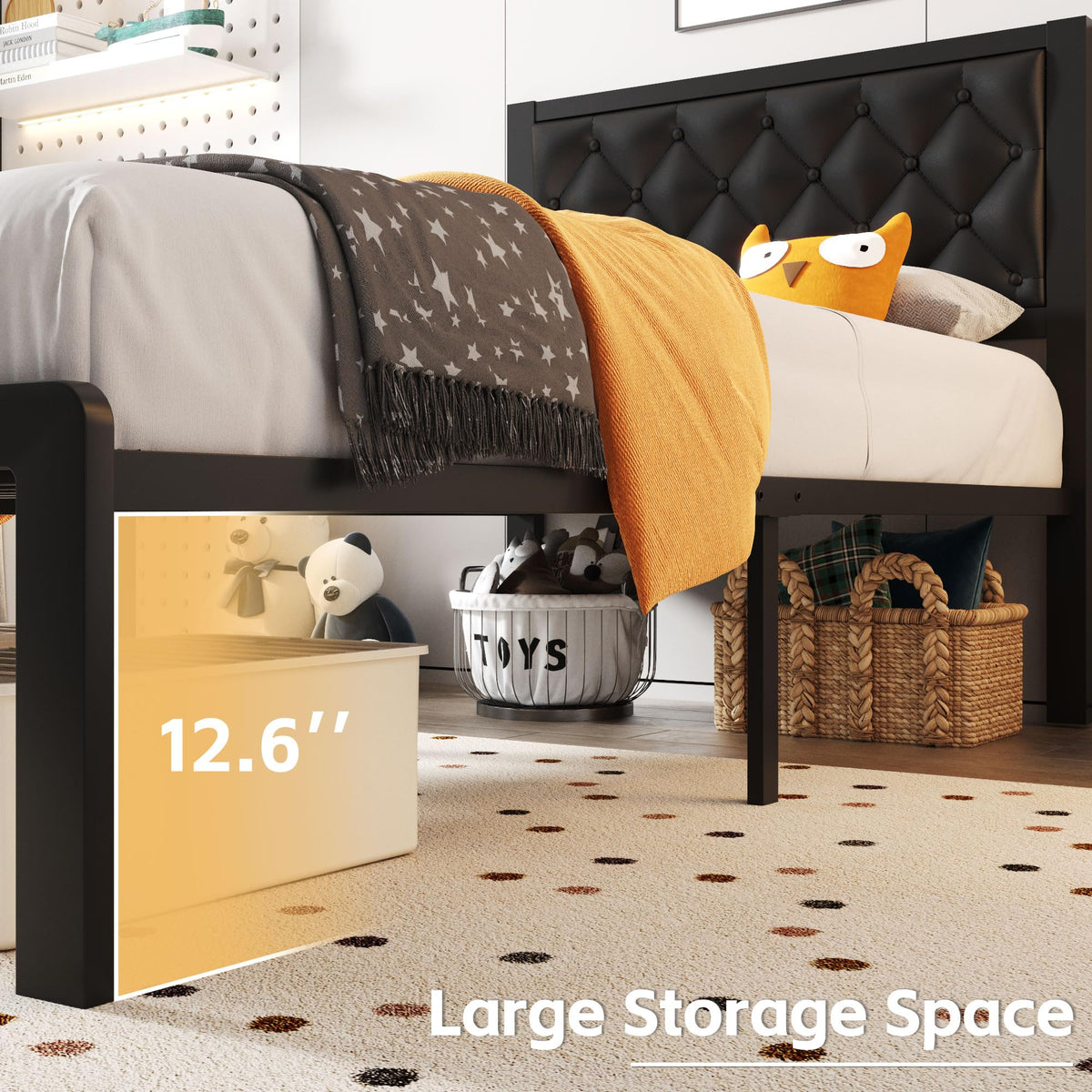 Black PU Leather Upholstered Twin Bed Frame with Headboard Q1317