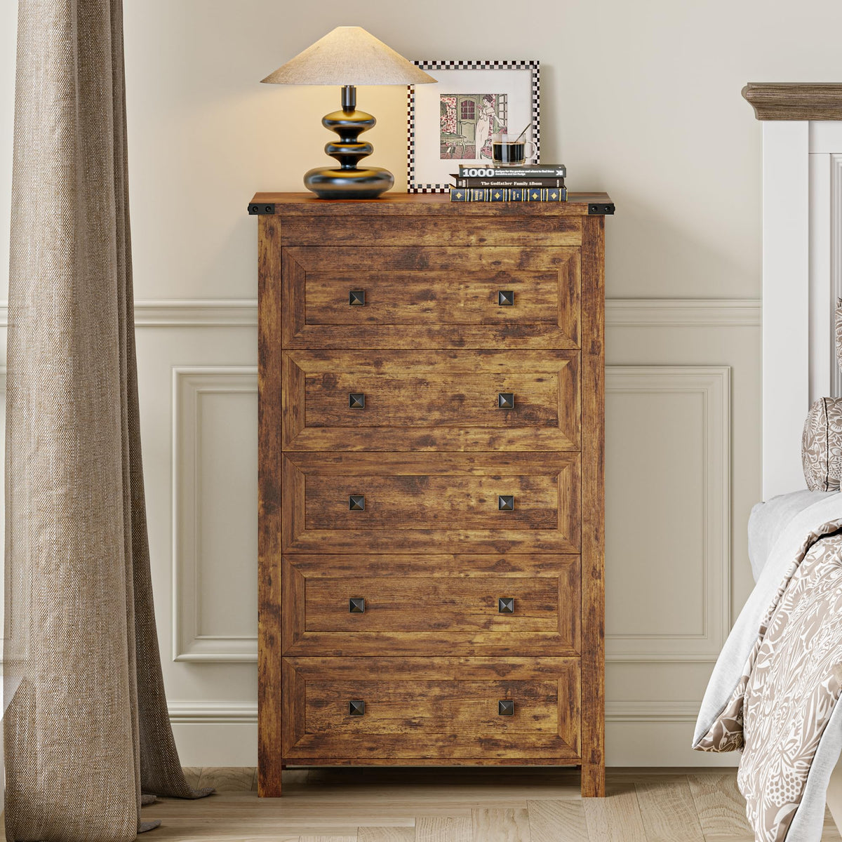 Brown Tall 5 Drawer Wood Dresser with Metal Handles H16137