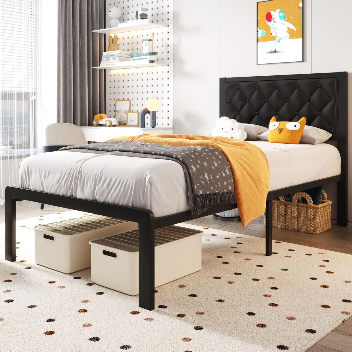 Black PU Leather Upholstered Twin Bed Frame with Headboard Q1317