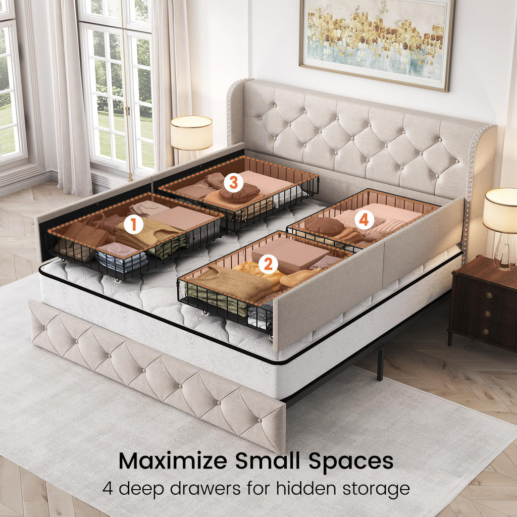 Queen Size Linen Upholstered Platform Bed Frame with 4 Storage Drawers U30467