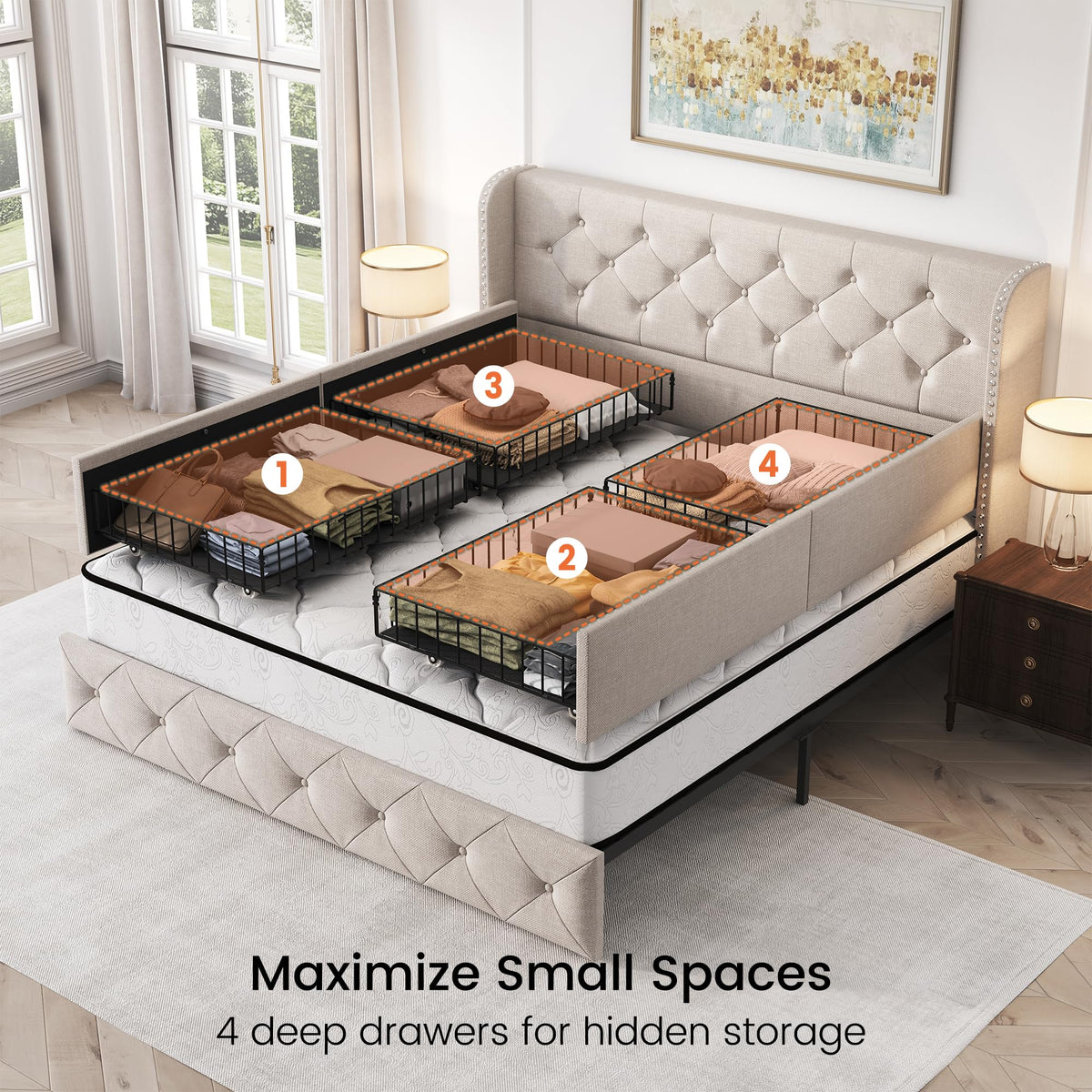 Queen Size Linen Upholstered Platform Bed Frame with 4 Storage Drawers U30467