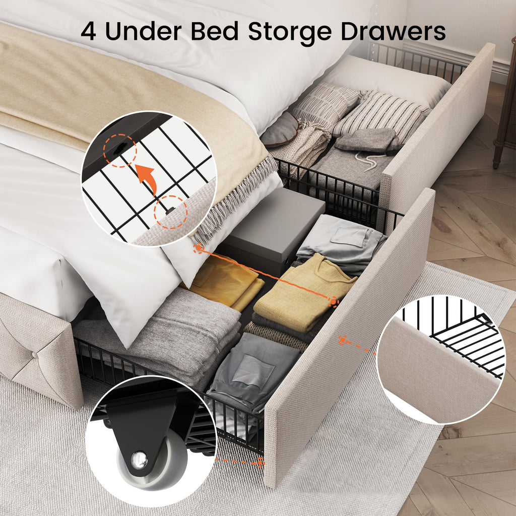 Queen Size Linen Upholstered Platform Bed Frame with 4 Storage Drawers U30467