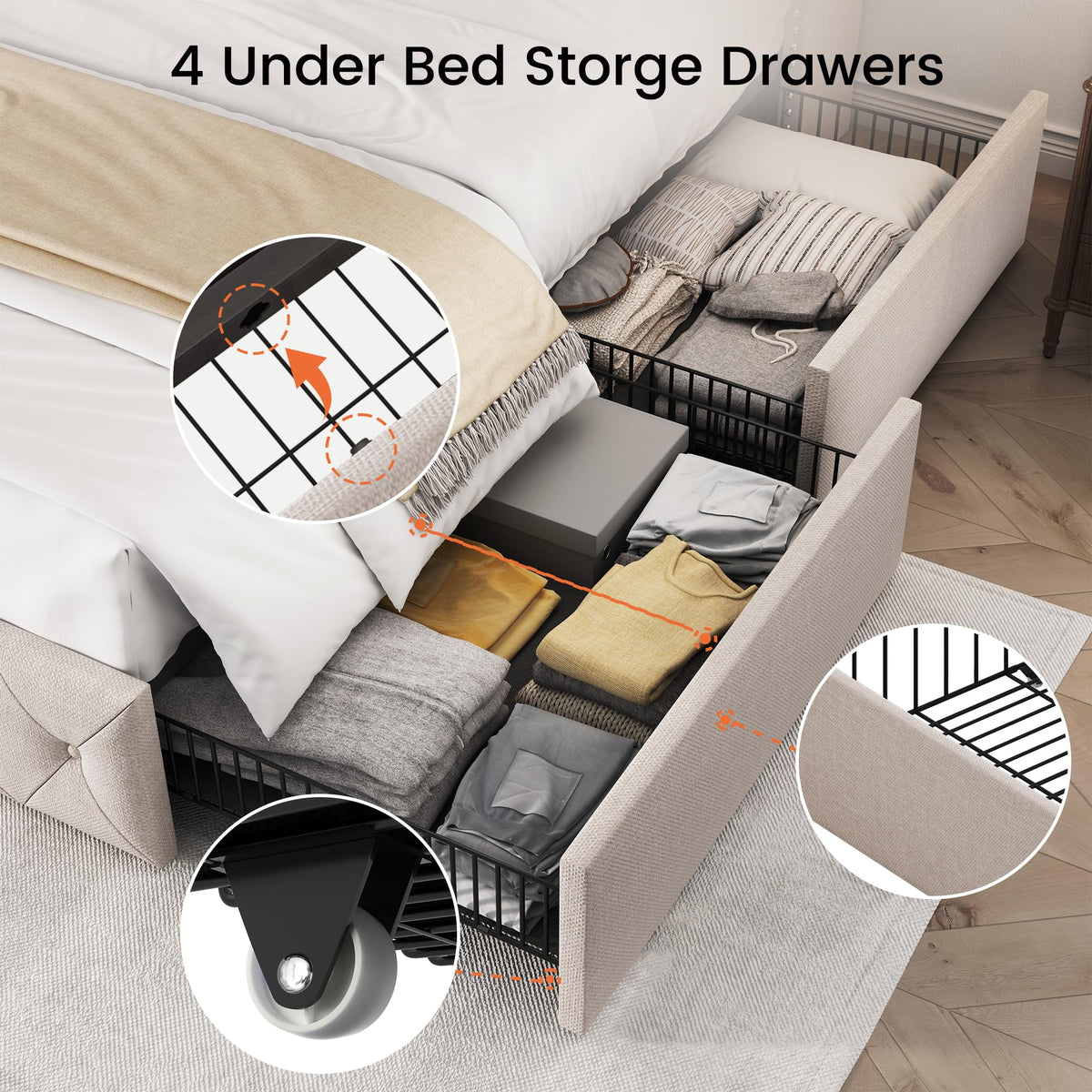 Queen Size Linen Upholstered Platform Bed Frame with 4 Storage Drawers U30467