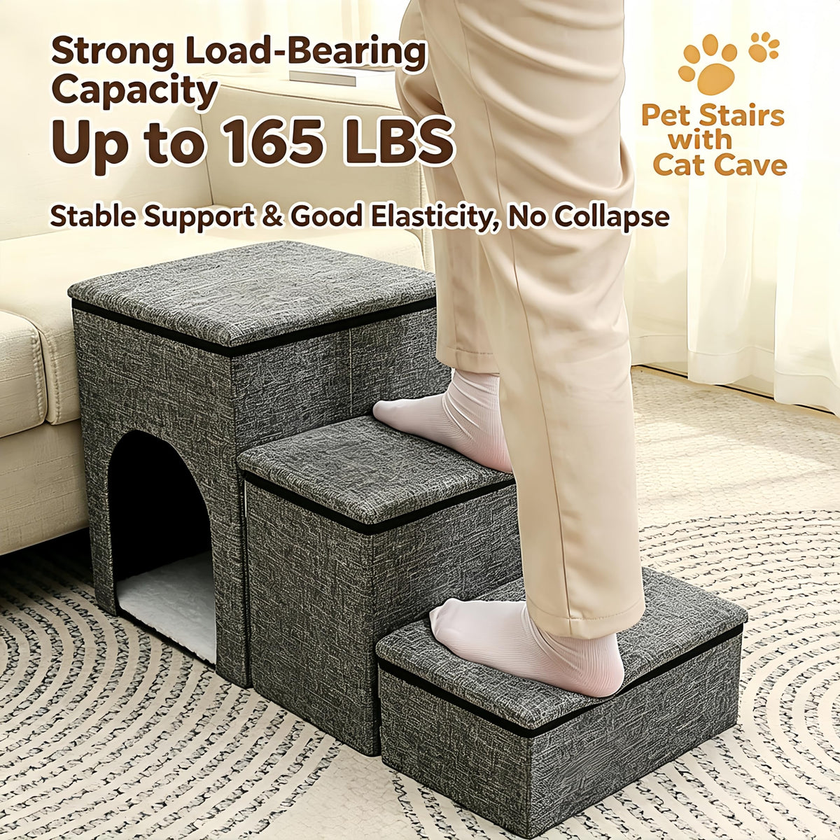 Foldable 3-Step Pet Stairs with Storage & Cat House D33977