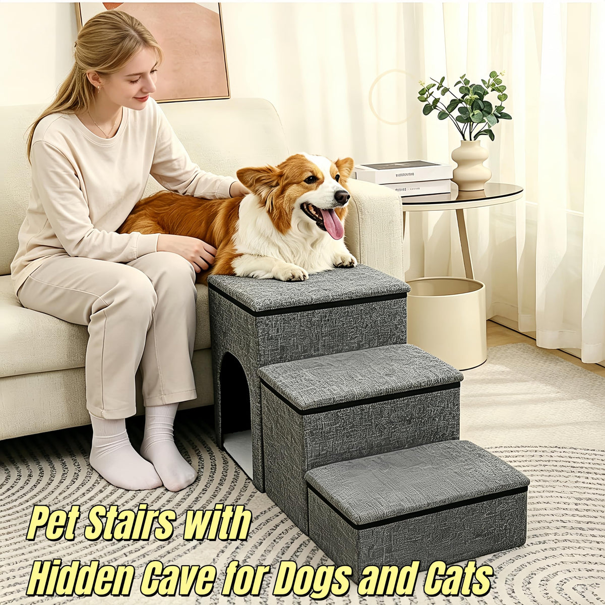 Foldable 3-Step Pet Stairs with Storage & Cat House D33977