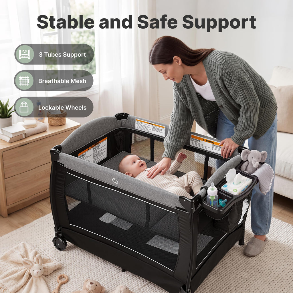 4-in-1 Pack and Play with Bassinet, Playpen, Diaper Changer, Black M153105
