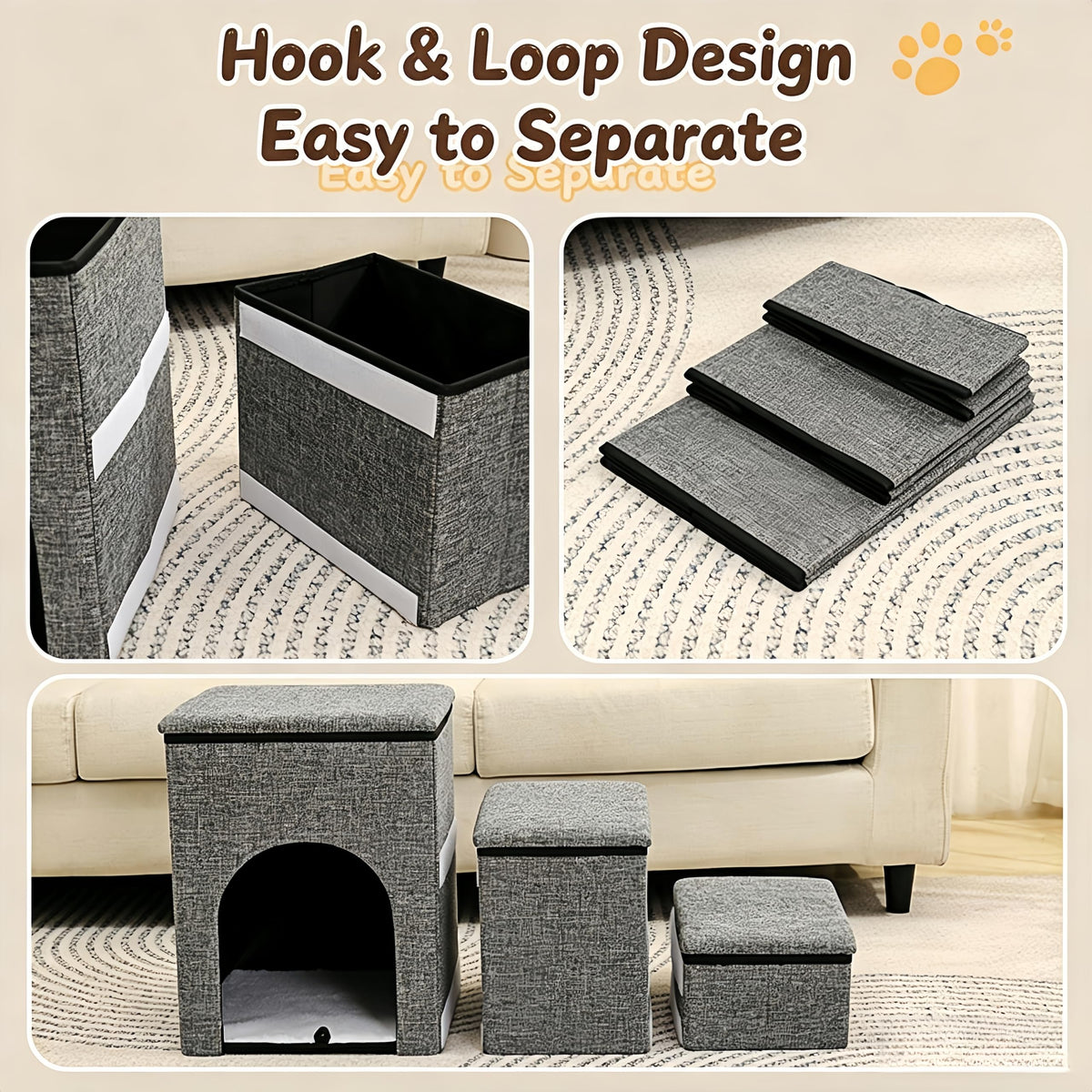 Foldable 3-Step Pet Stairs with Storage & Cat House D33977
