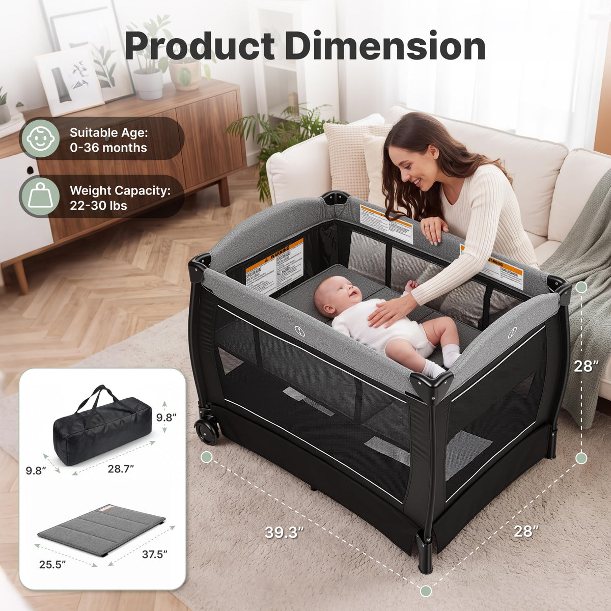 4-in-1 Pack and Play with Bassinet, Playpen, Diaper Changer, Black M153105