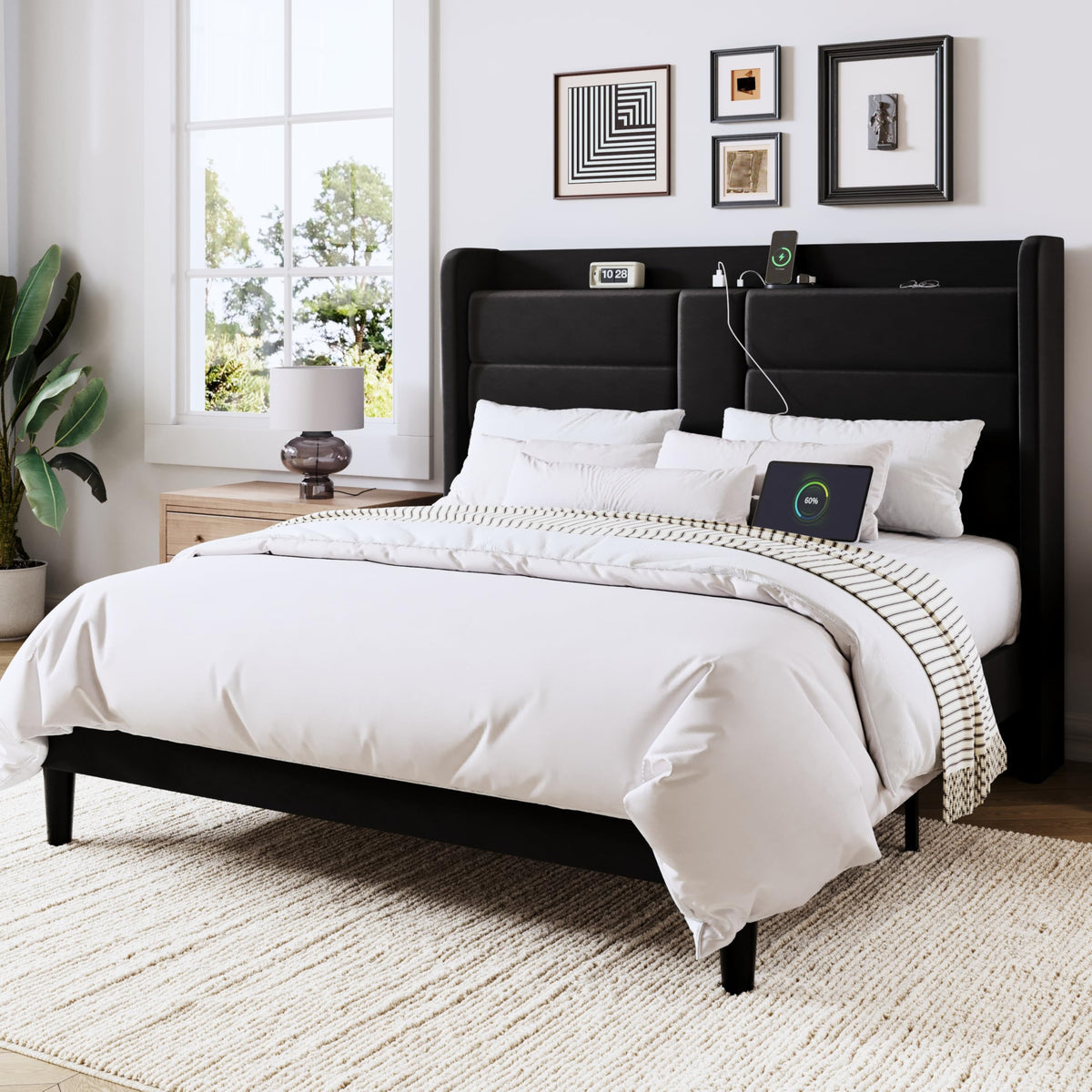 Queen Size Black Velvet Upholstered Platform Bed Frame with Storage Headboard W9954