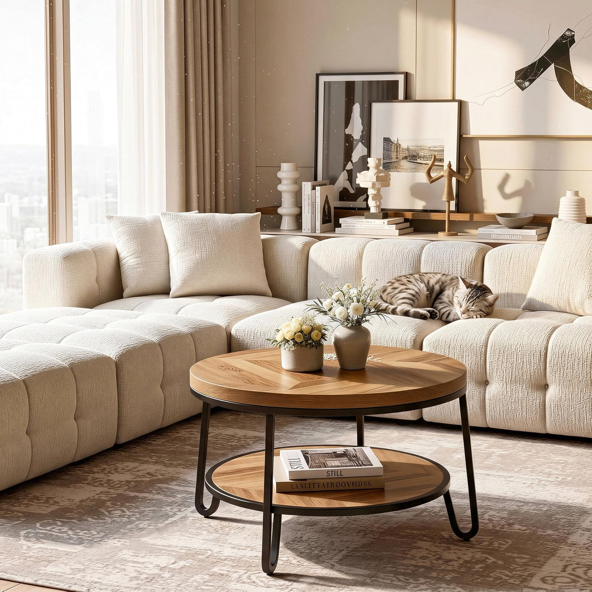 32" Round Coffee Table with 2-Tier Storage Shelf P397189