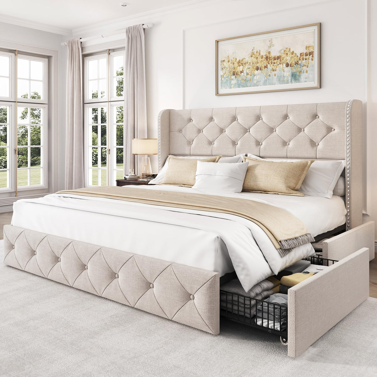 Queen Size Linen Upholstered Platform Bed Frame with 4 Storage Drawers U30467