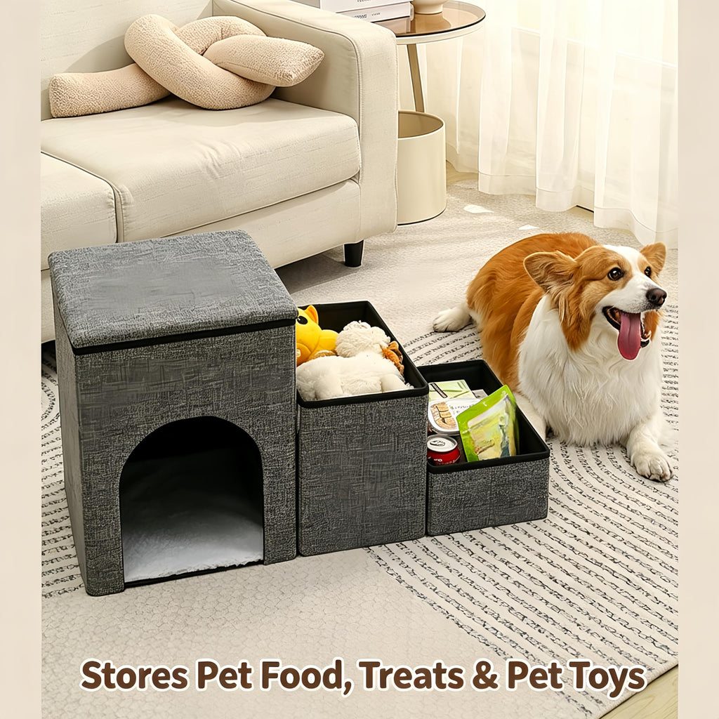 Foldable 3-Step Pet Stairs with Storage & Cat House D33977